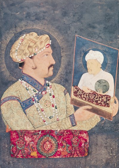 Emperador Jahangir (1569-1627) sosteniendo un retrato del Emperador Akbar (1542-1605) de Indian School